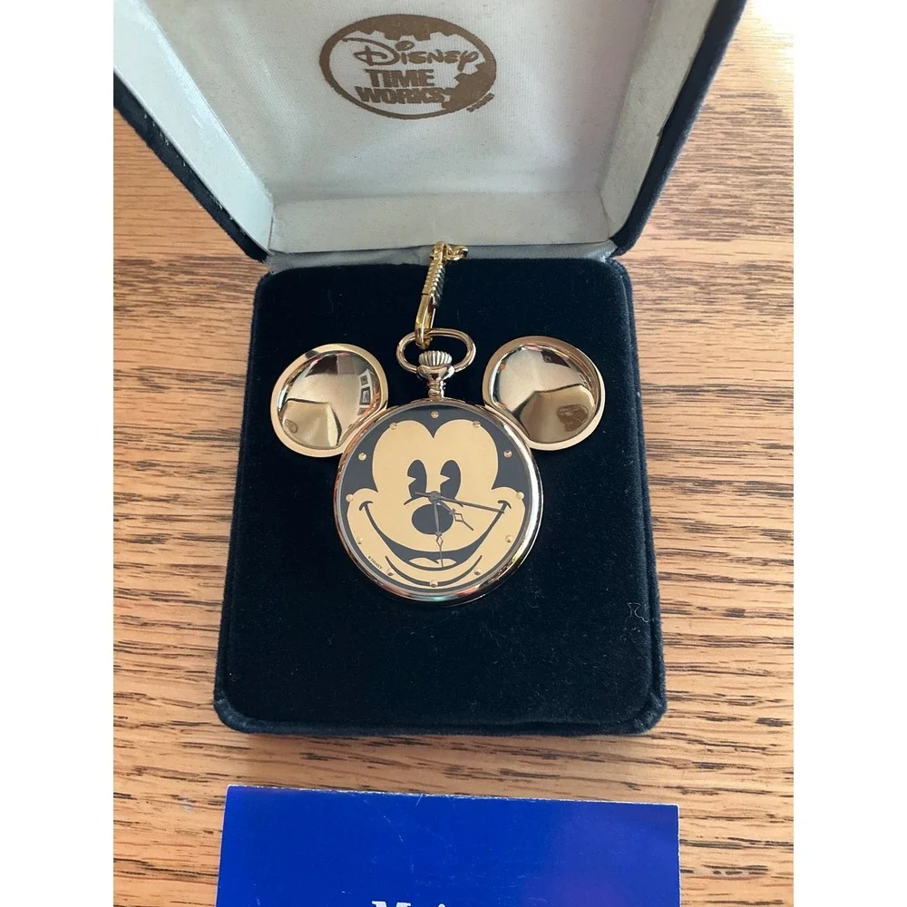 Disney Time Works Mickey Mouse Pocket Watch Gold Tone Majesti with Chain and Box